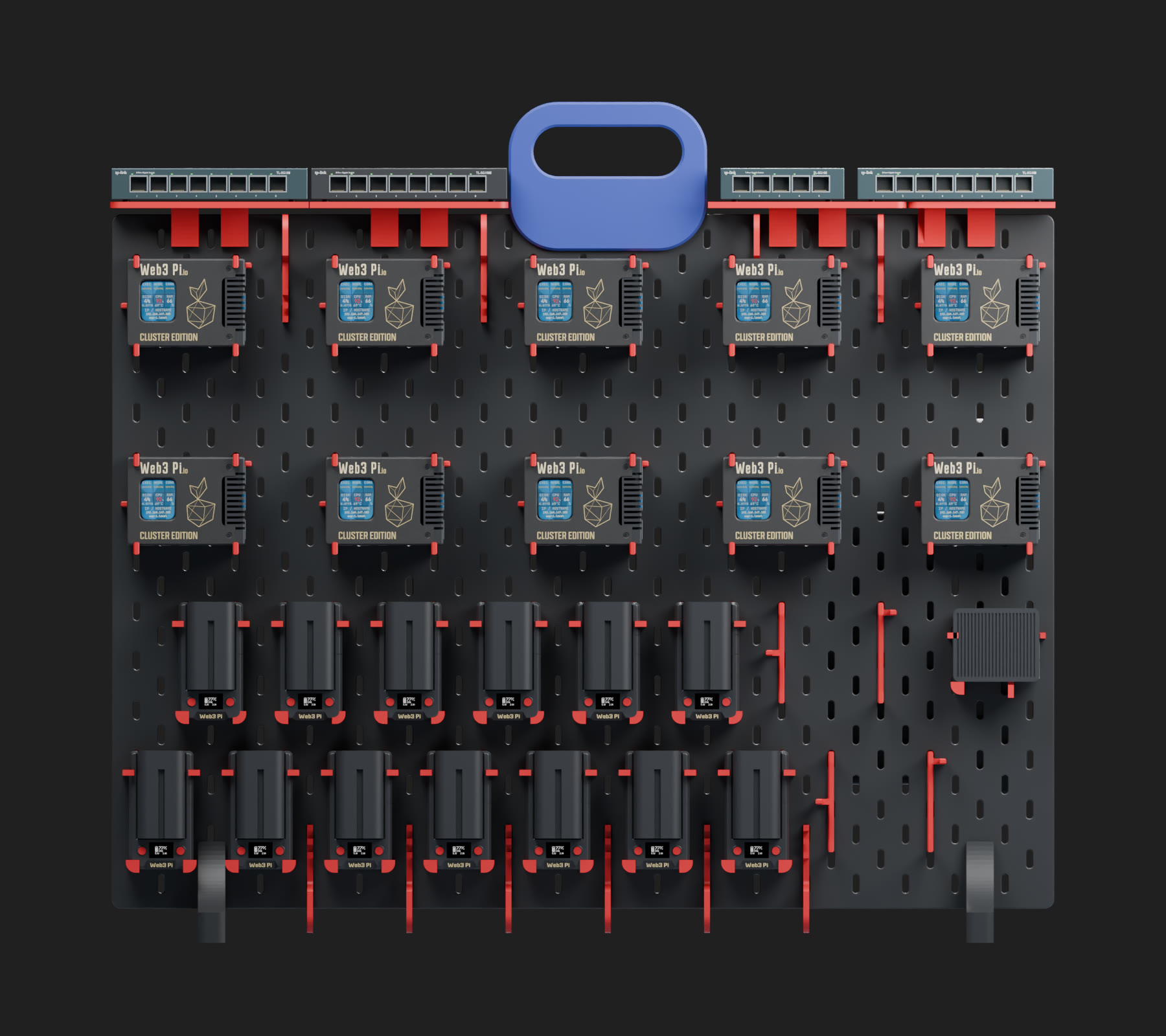 Front render of the board: four switches and the handle on top, two rows of five compute nodes, two rows of UPS modules and the CM4 router at the bottom right