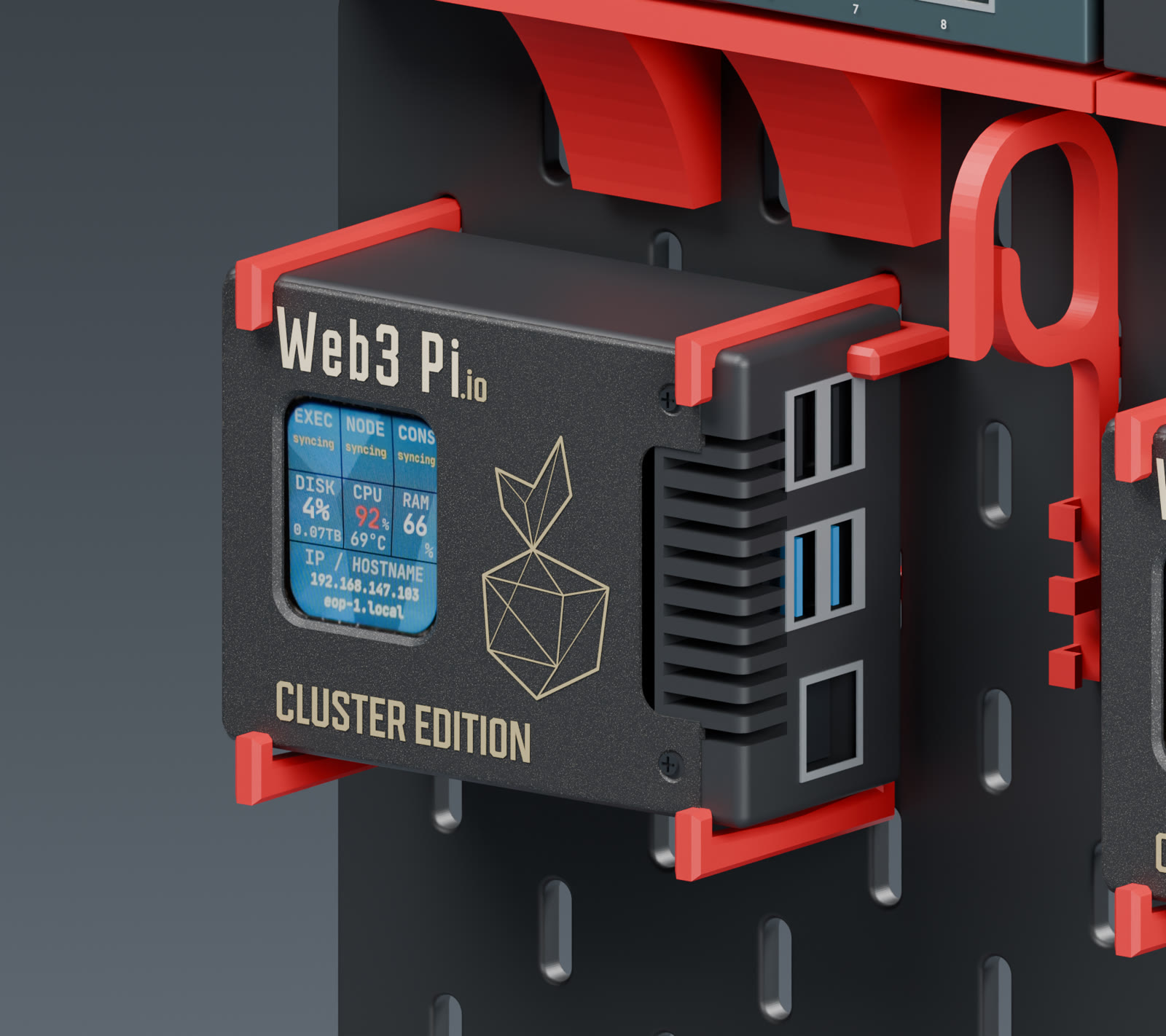 Close-up of an Argon NEO 5 case with the Web3 Pi Cluster Edition lid, LCD screen and USB ports, held in red mounts