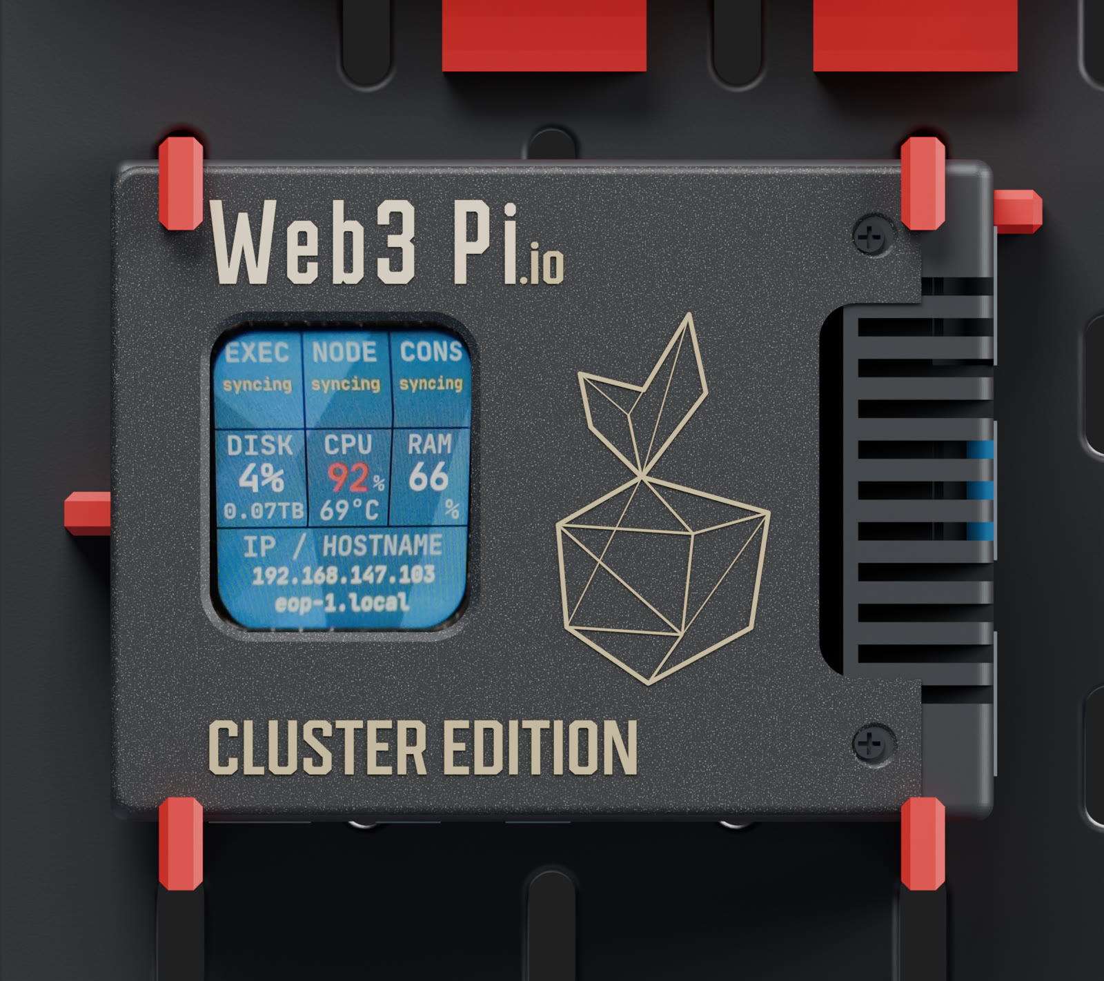 The Cluster Edition lid with an LCD showing EXEC, NODE and CONS status, disk, CPU and RAM usage, and the IP address