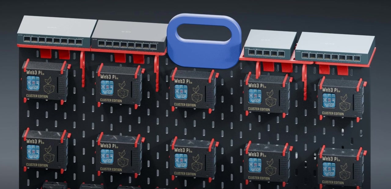 The top shelf with four TP-Link switches and the blue carry handle above the first rows of nodes