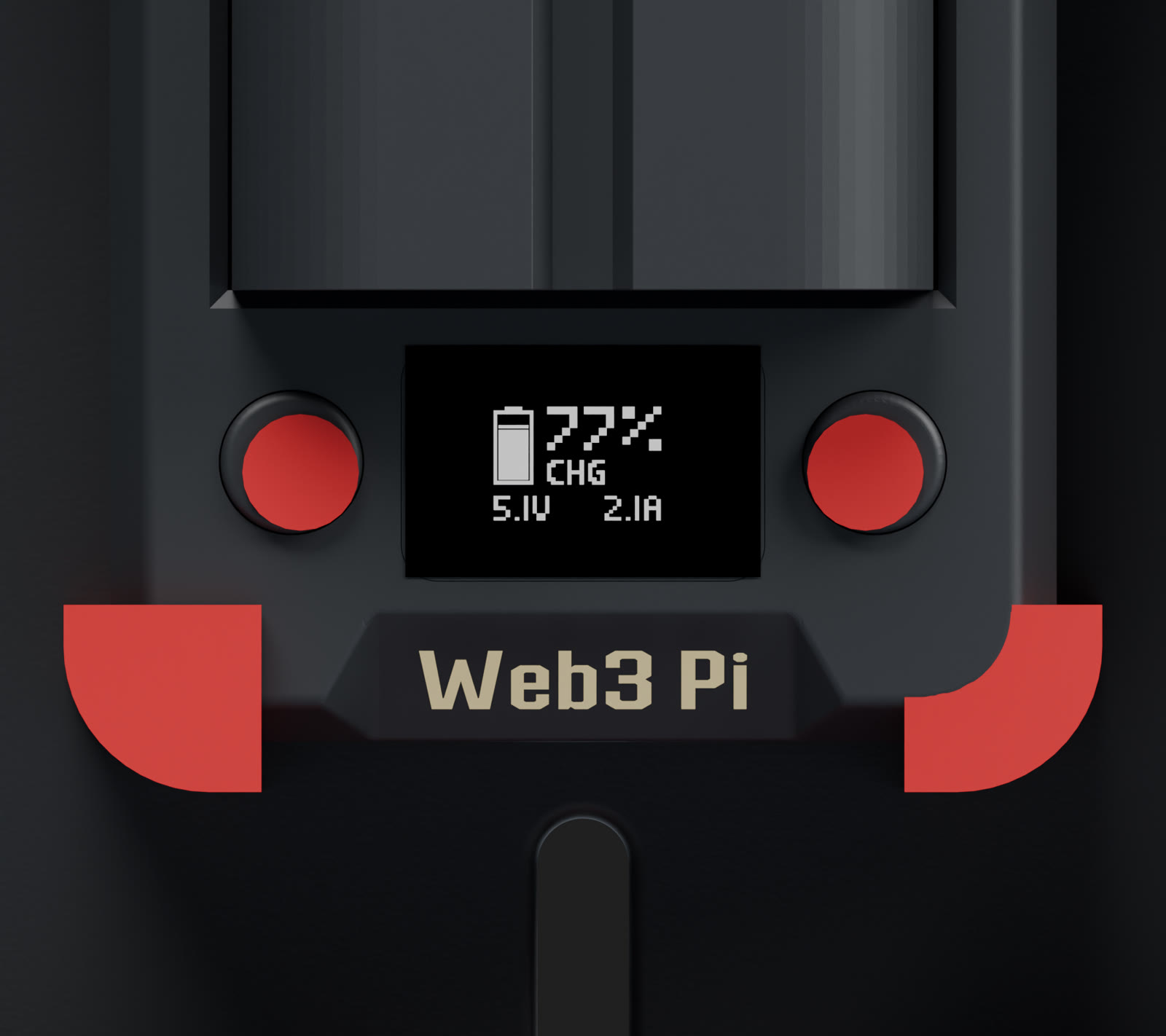 Close-up of a Web3 Pi UPS module with OLED display showing 77% and charging, two red buttons and the Web3 Pi label
